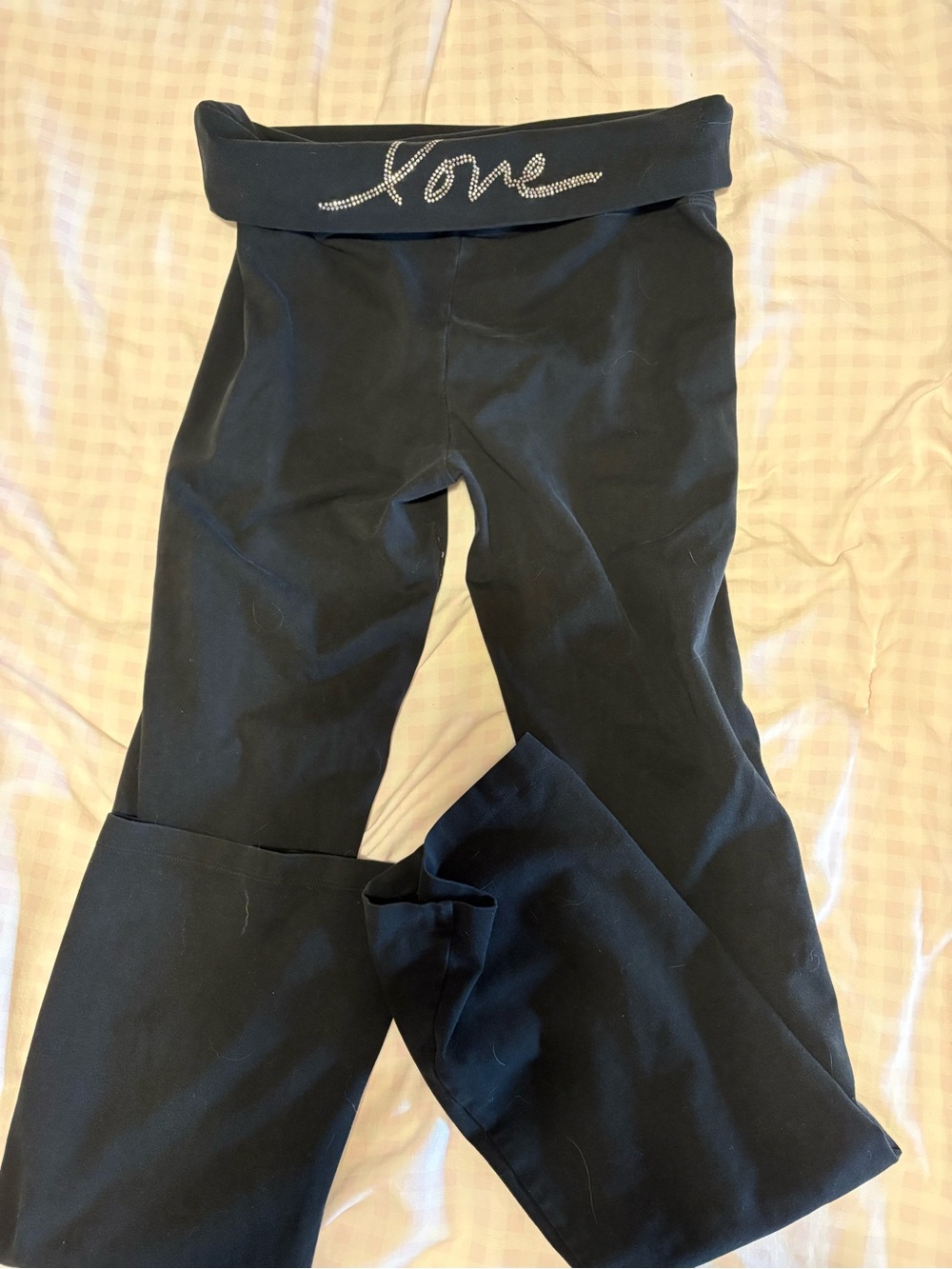Y2K Victoria's Secret Black Fold-Over Waist Leggings with Rhinestone "Love"